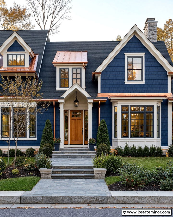 Navy Blue Shingle House With Copper Dormers - 30 Navy Blue House Design With Dormers Ideas