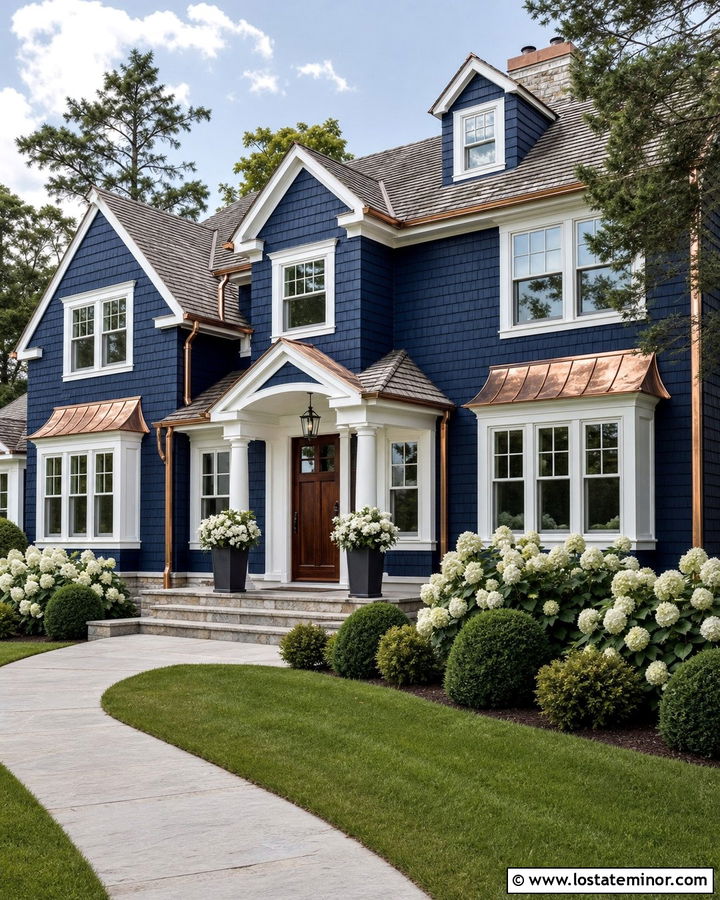 Navy Blue Shingle House With Copper Window Awnings - 30 Navy Blue House Design With Awning Ideas