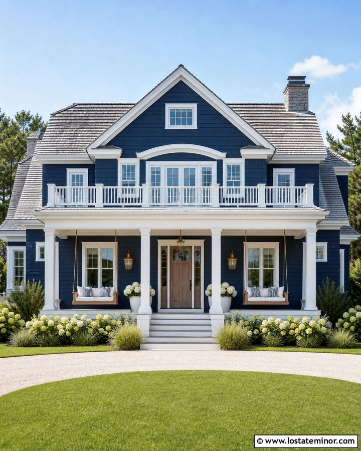 Navy Blue Shingle House With Double Daybeds - 30 Navy Blue House Design With Daybed Ideas