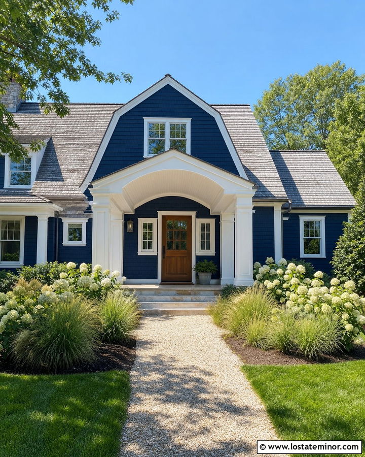 Navy Blue Shingle House With Gambrel Portico - 30 Navy Blue House Design With Portico Ideas