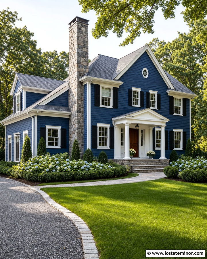 Navy Blue Shingle House With Granite Chimney - 30 Navy Blue House Design With Chimney Ideas