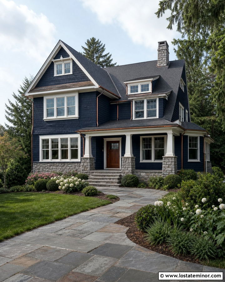 Navy Blue Shingle House With Granite Wainscoting - 30 Navy Blue House Design With Wainscoting Ideas