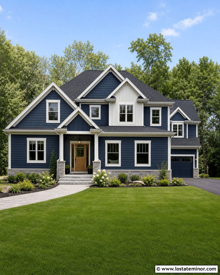 Navy Blue Shingle House With Mixed Siding - 30 Navy Blue House Design With Shingles Ideas