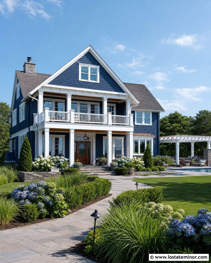 Navy Blue Shingle House With Poolside Pergola - 30 Navy Blue House Design With Pergola Ideas