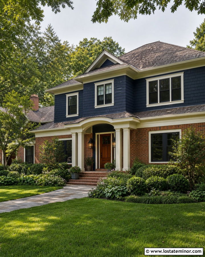 Navy Blue Shingle House With Red Brick - 30 Navy Blue House Design With Shingles Ideas