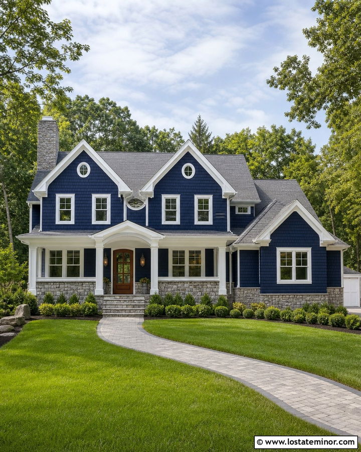 Navy Blue Shingle House With Stone Base - 30 Navy Blue House Design With Stone Accents Ideas