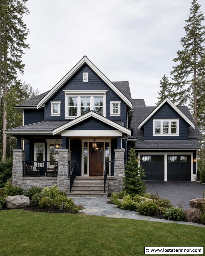 Navy Blue Shingle House With Stone Base - 30 Navy Blue House Design With Shingles Ideas