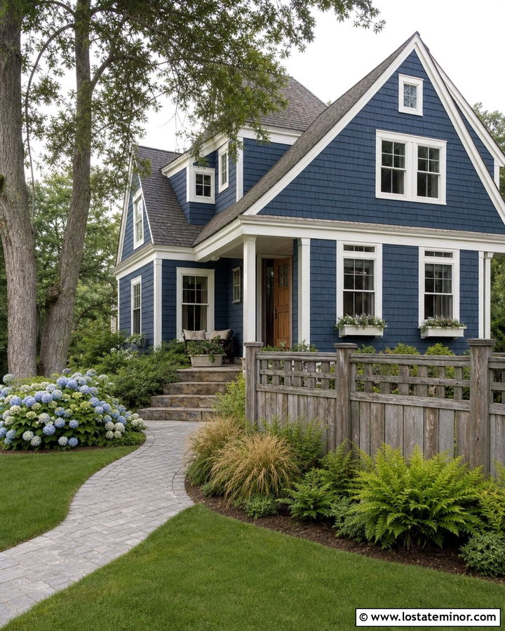 Navy Blue Shingle House With Weathered Gray Fence - 30 Navy Blue House Design With Fence Ideas