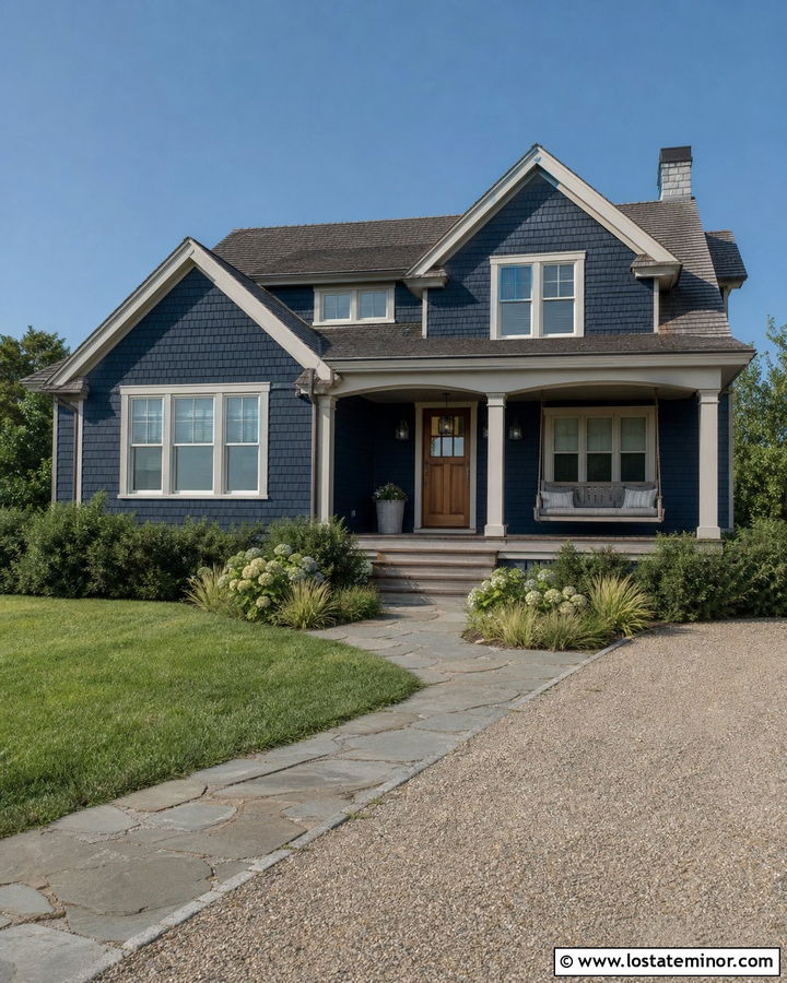 Navy Blue Shingle House With Weathered Swing - 30 Navy Blue House Design With Swing Ideas