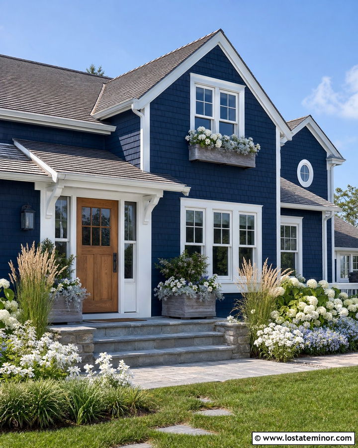 Navy Blue Shingle House With Weathered Window Boxes - 30 Navy Blue House Design With Window Boxes Ideas