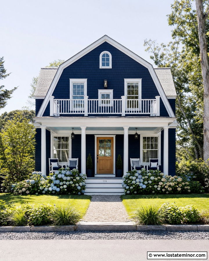 Navy Blue Shingle House With White Balcony Railings - 30 Navy Blue House Design With Railings Ideas