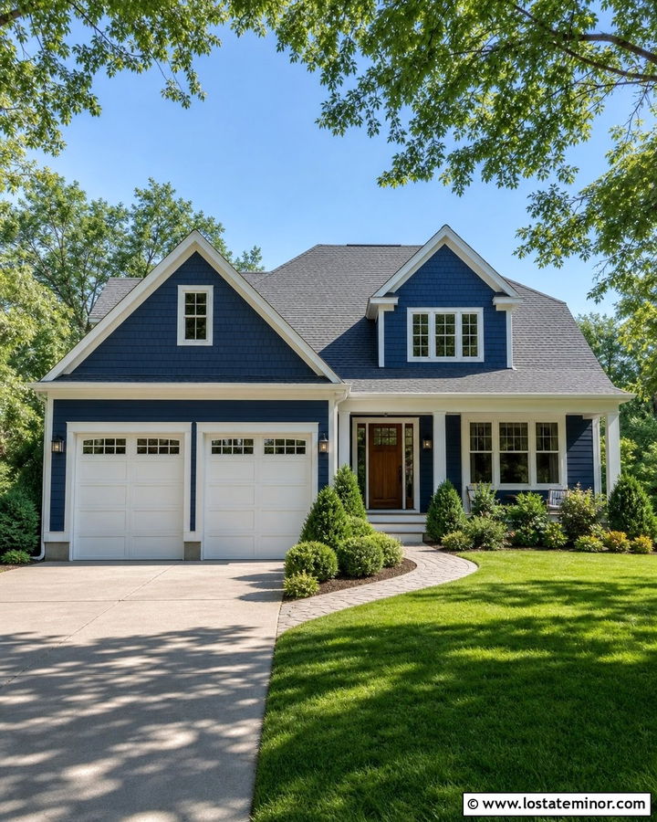 Navy Blue Shingle House With White Garage Doors - 30 Navy Blue House Design With Shingles Ideas