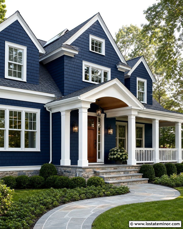 Navy Blue Shingle House With White Trim - 30 Navy Blue House Design With Cedar Shake Ideas
