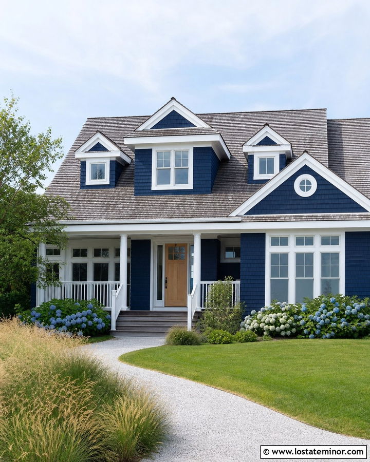 Navy Blue Shingle House With White Window Frames - 30 Navy Blue House Design With Window Frames Ideas
