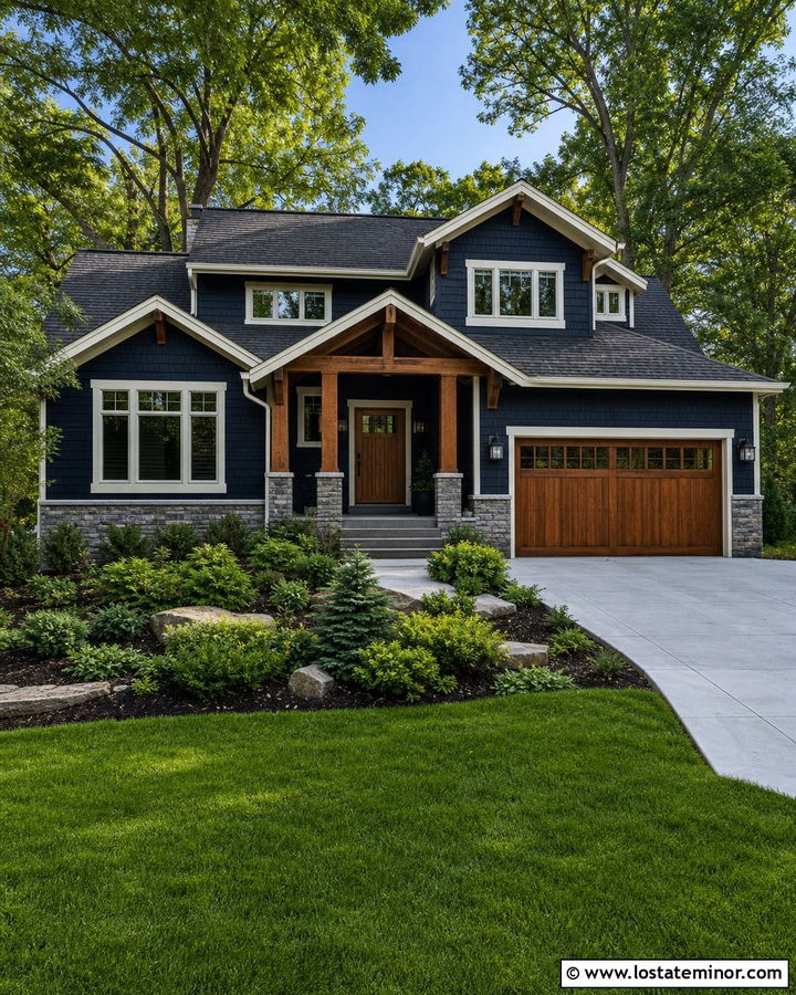 Navy Blue Shingle House With Wood Garage Doors - 30 Navy Blue House Design With Shingles Ideas