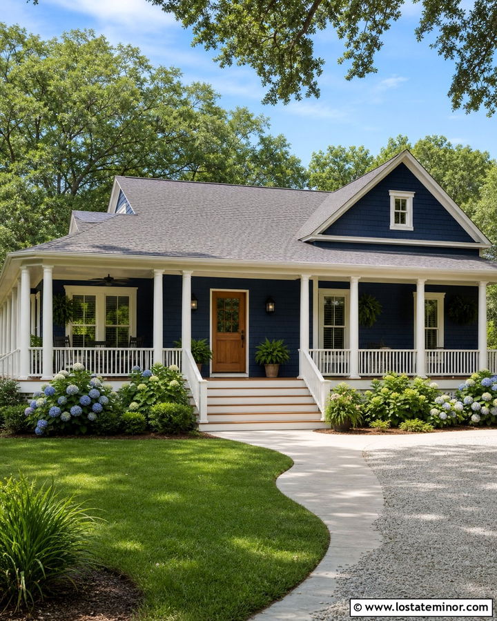 Navy Blue Shingle House With Wraparound Porch - 30 Navy Blue House Design With Shingles Ideas