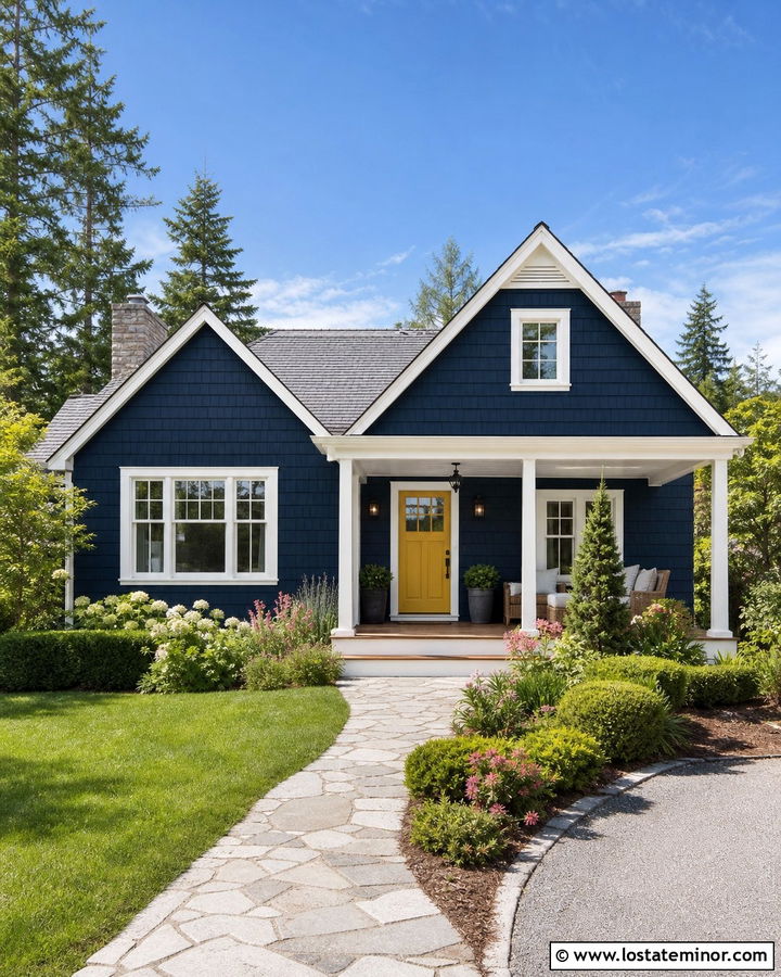 Navy Blue Shingle House With Yellow Door - 30 Navy Blue House Design With Shingles Ideas
