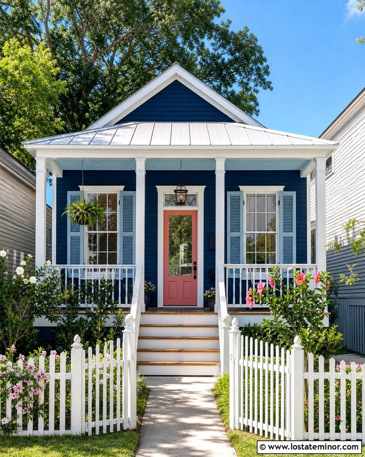 Navy Blue Shotgun House With Light Blue Shutters - 30 Navy Blue House Design With Shutters Ideas