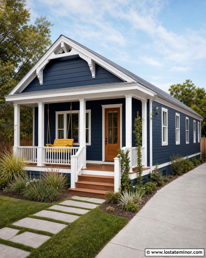 Navy Blue Shotgun House With Yellow Swing - 30 Navy Blue House Design With Swing Ideas