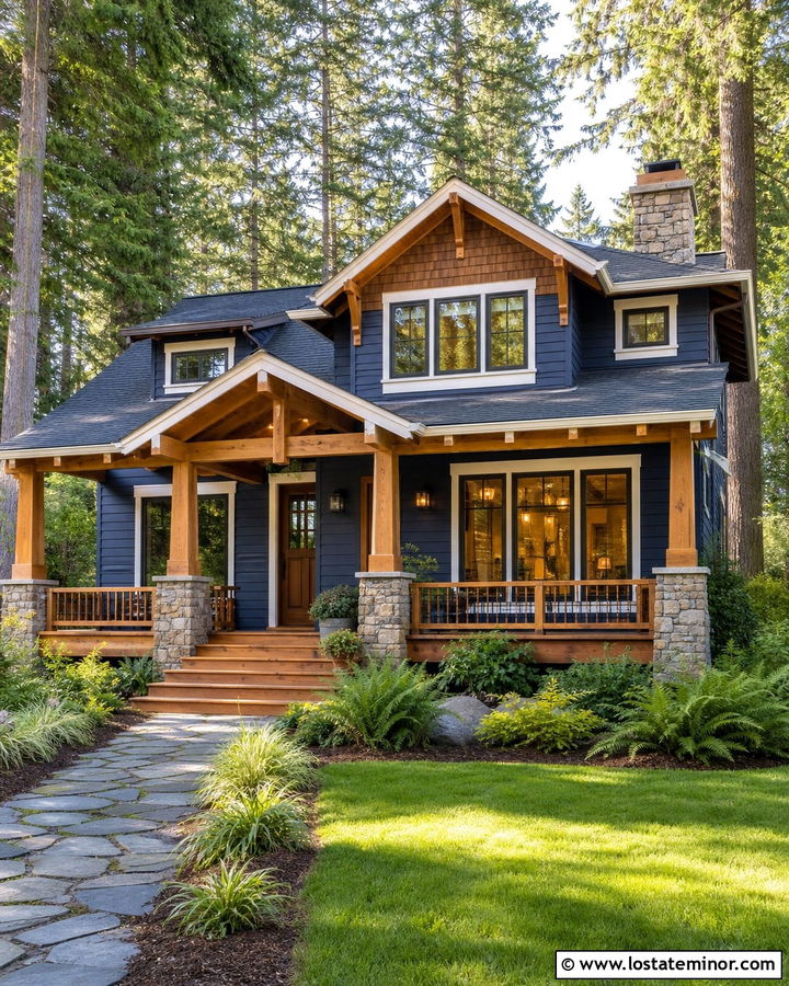 Navy Blue Siding With Cedar Porch - 30 Navy Blue House Design With Siding Ideas