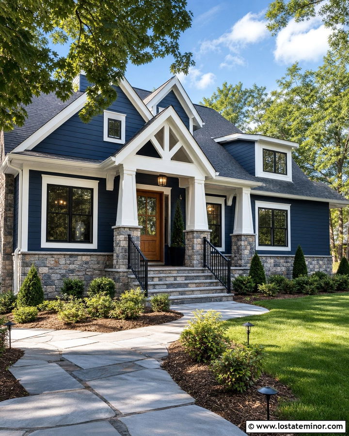 Navy Blue Siding With Gray Stone - 30 Navy Blue House Design With Siding Ideas