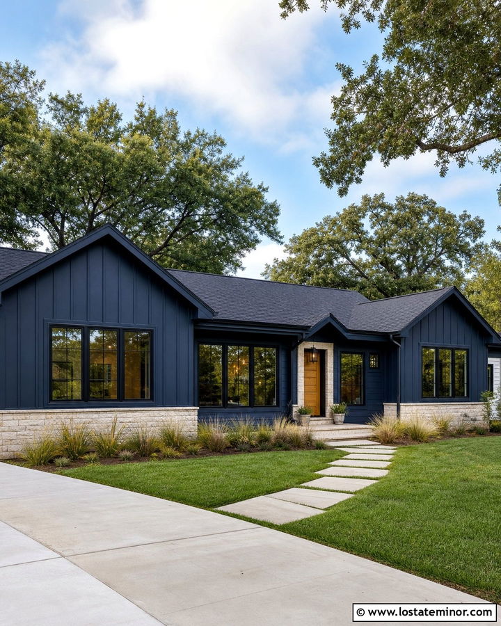 Navy Blue Siding With Matching Navy Trim - 30 Navy Blue House Design With Siding Ideas