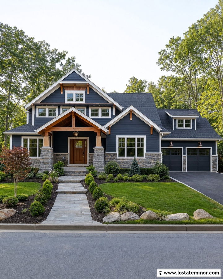 Navy Blue Siding With Mixed Stone And Wood - 30 Navy Blue House Design With Siding Ideas