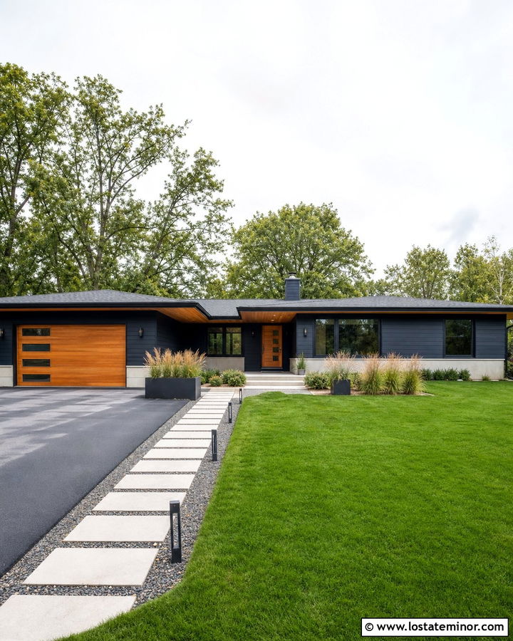 Navy Blue Siding With Orange Wood Door - 30 Navy Blue House Design With Siding Ideas