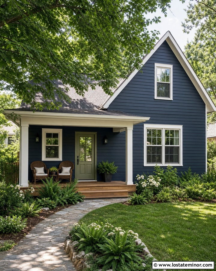 Navy Blue Siding With Sage Green Door - 30 Navy Blue House Design With Siding Ideas