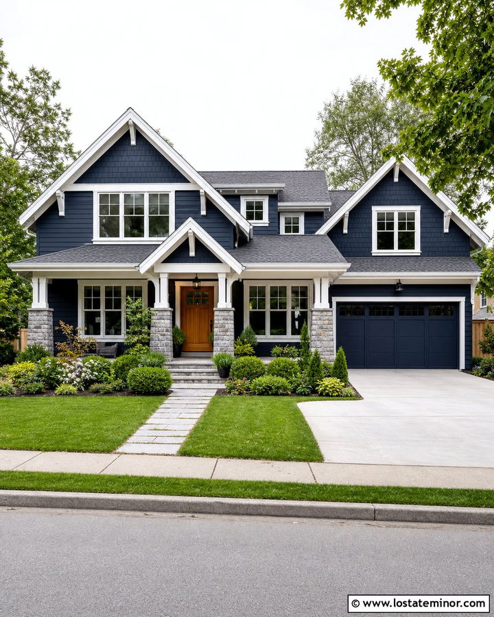 Navy Blue Siding With Shake Gables - 30 Navy Blue House Design With Siding Ideas