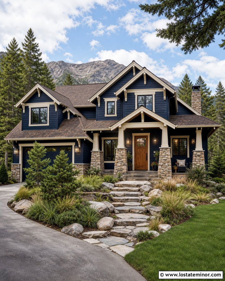 Navy Blue Siding With Tan Stone - 30 Navy Blue House Design With Siding Ideas