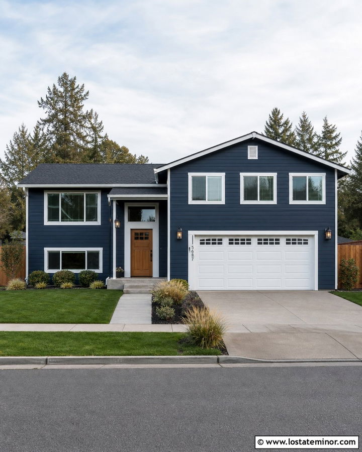 Navy Blue Siding With White Garage Door - 30 Navy Blue House Design With Siding Ideas