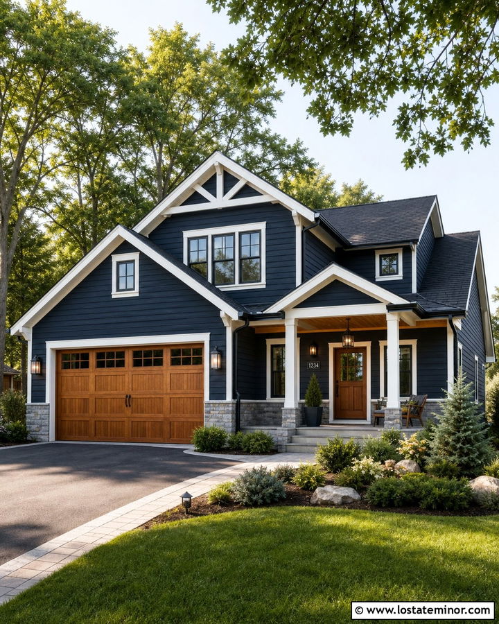 Navy Blue Siding With Wood Garage Door - 30 Navy Blue House Design With Siding Ideas