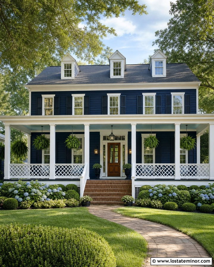 Navy Blue Southern House With Chippendale Railings - 30 Navy Blue House Design With Railings Ideas