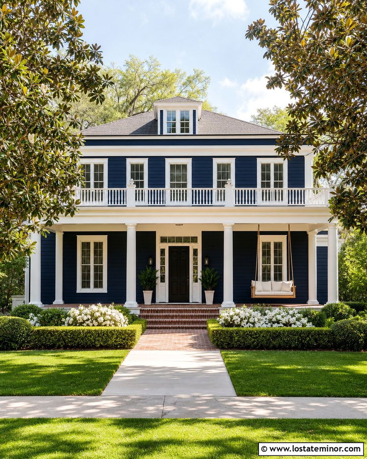 Navy Blue Southern House With Daybed Swing - 30 Navy Blue House Design With Swing Ideas