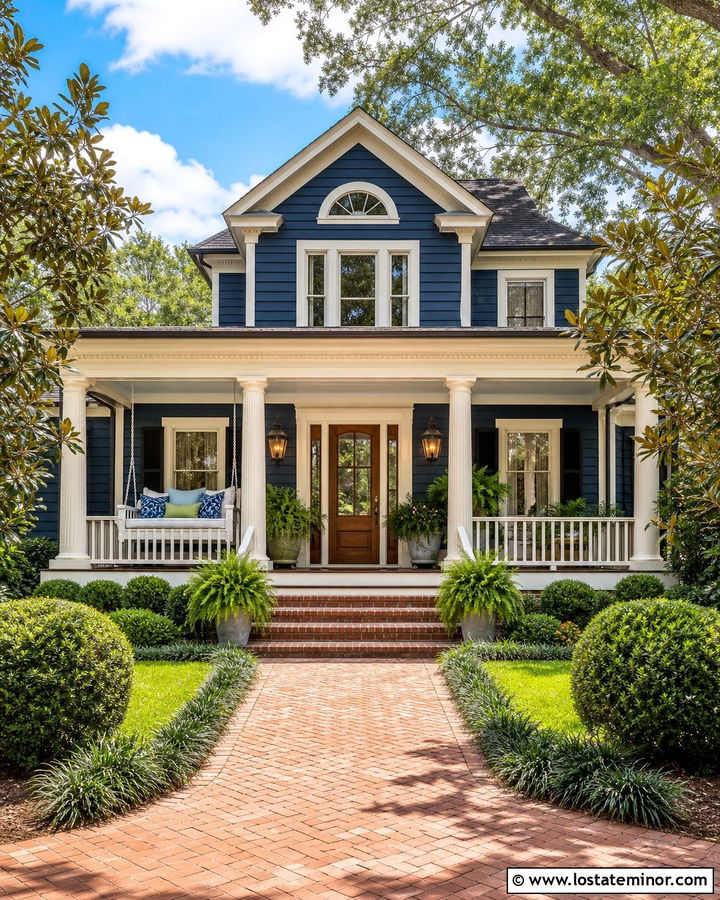 Navy Blue Southern House With Porch Daybed Swing - 30 Navy Blue House Design With Daybed Ideas