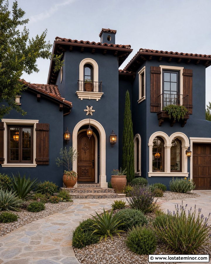 Navy Blue Spanish Revival House With Brown Shutters - 30 Navy Blue House Design With Shutters Ideas