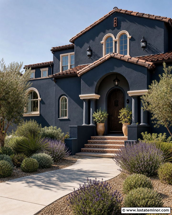 Navy Blue Spanish Revival With Tiled Portico - 30 Navy Blue House Design With Portico Ideas