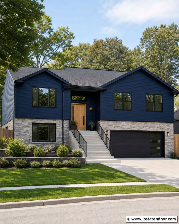 Navy Blue Split Level House With Black Aluminum Railings - 30 Navy Blue House Design With Railings Ideas
