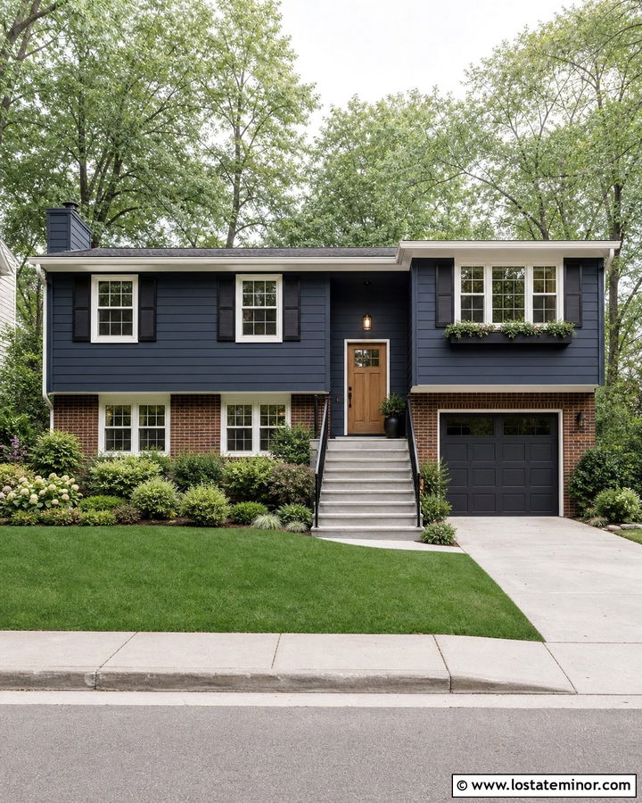 Navy Blue Split Level House With Charcoal Shutters - 30 Navy Blue House Design With Shutters Ideas