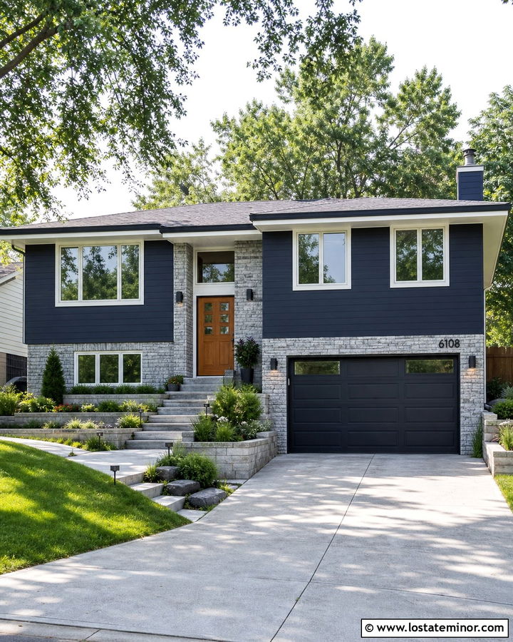 Navy Blue Split Level House With Gray Stone And Wood Door - 30 Navy Blue House Design With Accents Ideas