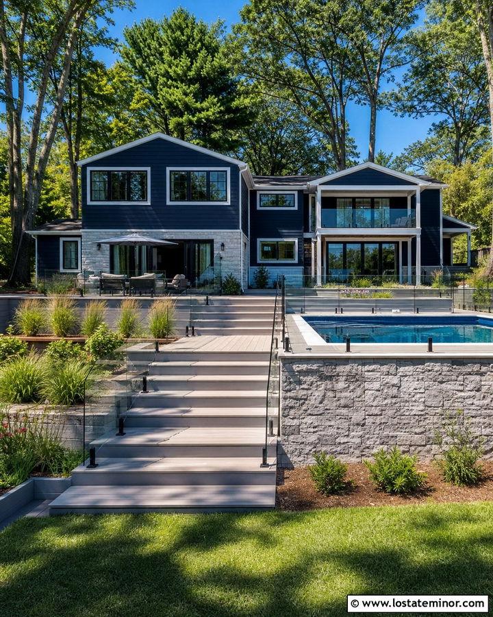 Navy Blue Split Level House With Raised Pool Deck - 30 Navy Blue House Design With Swimming Pool Ideas