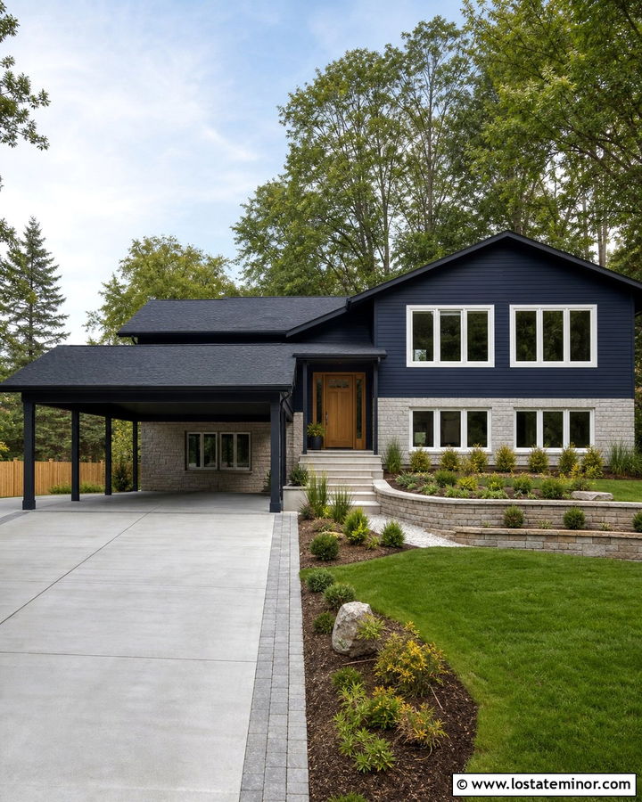 Navy Blue Split Level House With Two Car Carport - 30 Navy Blue House Design With Carport Ideas