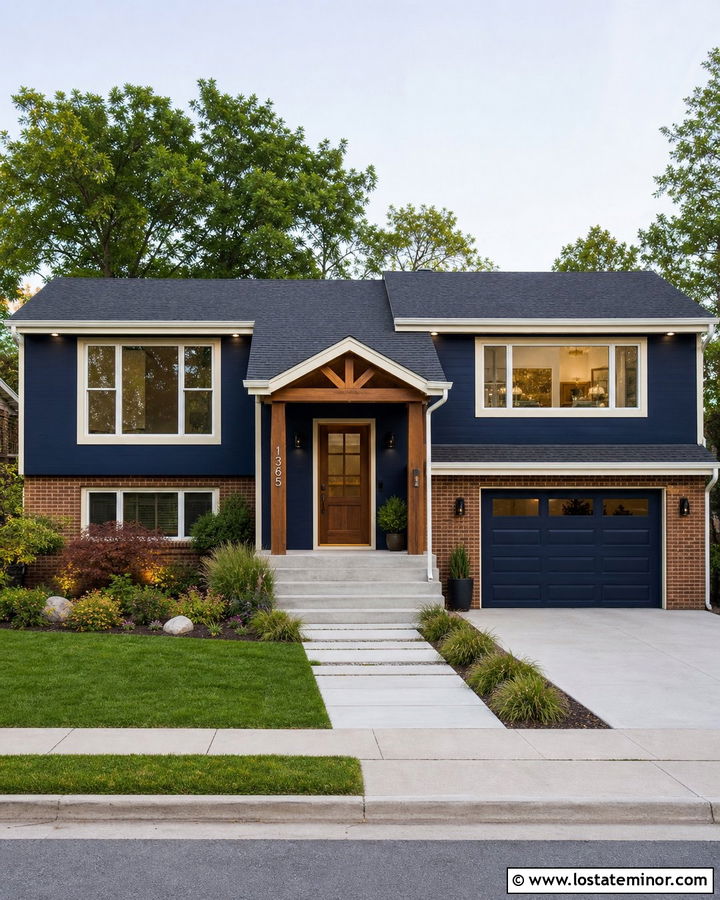 Navy Blue Split Level With Brick Skirt - 30 Navy Blue House Design With Brick Accents Ideas
