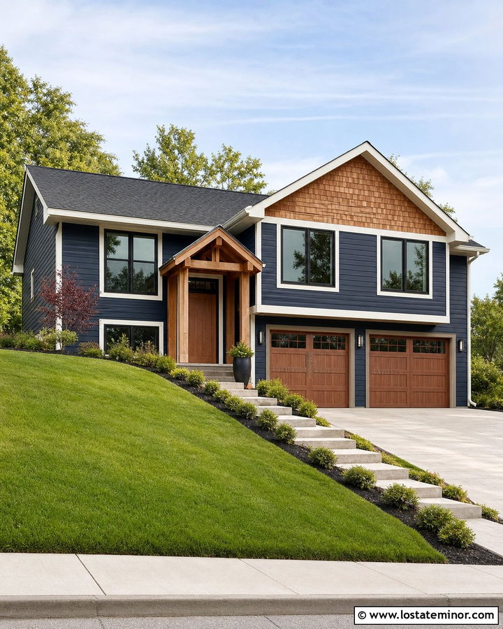 Navy Blue Split Level With Cedar Shake Garage - 30 Navy Blue House Design With Cedar Shake Ideas