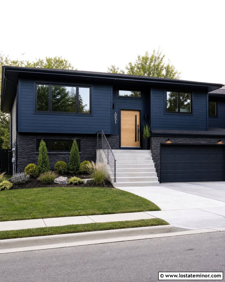Navy Blue Split Level With Charcoal Stone Wainscoting - 30 Navy Blue House Design With Wainscoting Ideas