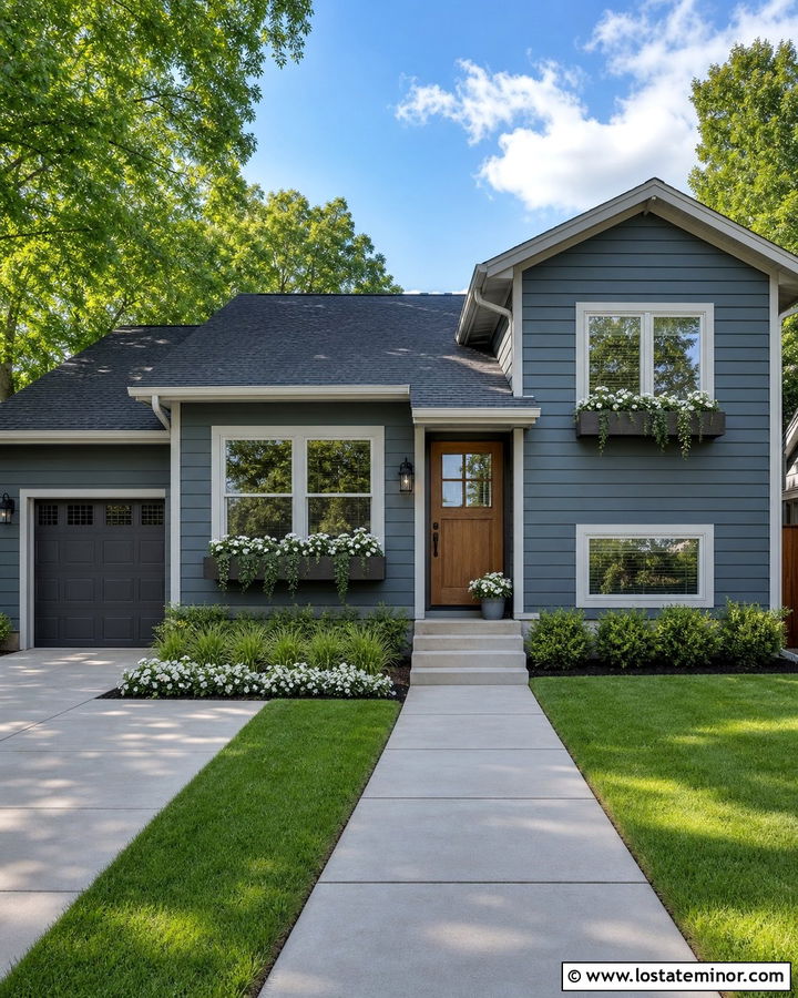 Navy Blue Split Level With Charcoal Window Boxes - 30 Navy Blue House Design With Window Boxes Ideas