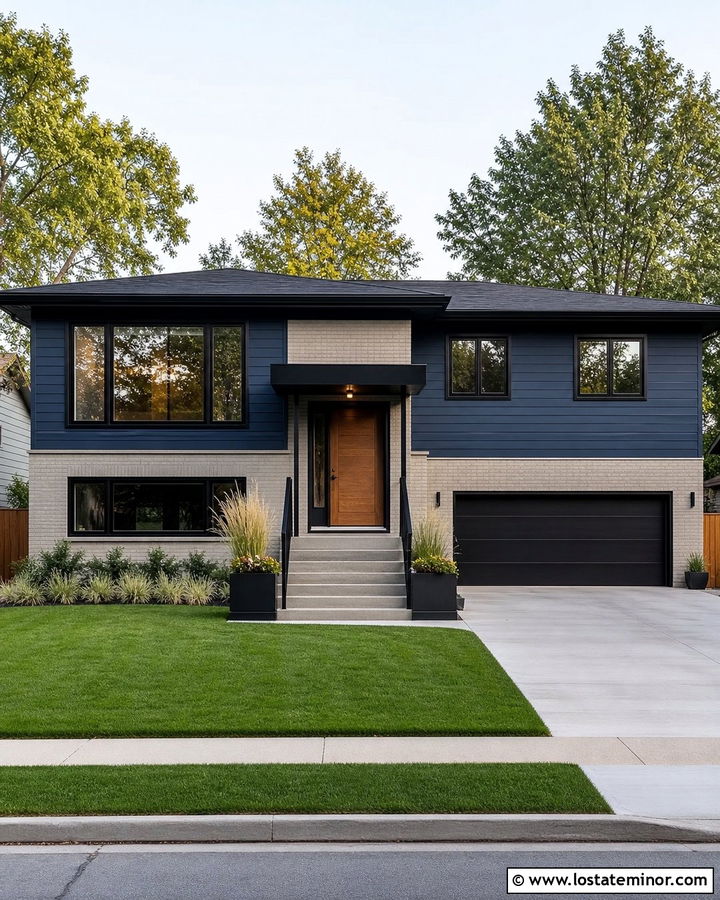 Navy Blue Split Level With Flat Awning - 30 Navy Blue House Design With Awning Ideas