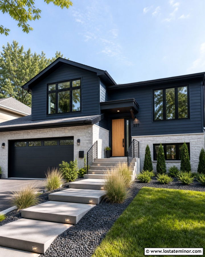 Navy Blue Split Level With Floating Concrete Steps - 30 Navy Blue House Design With Steps Ideas
