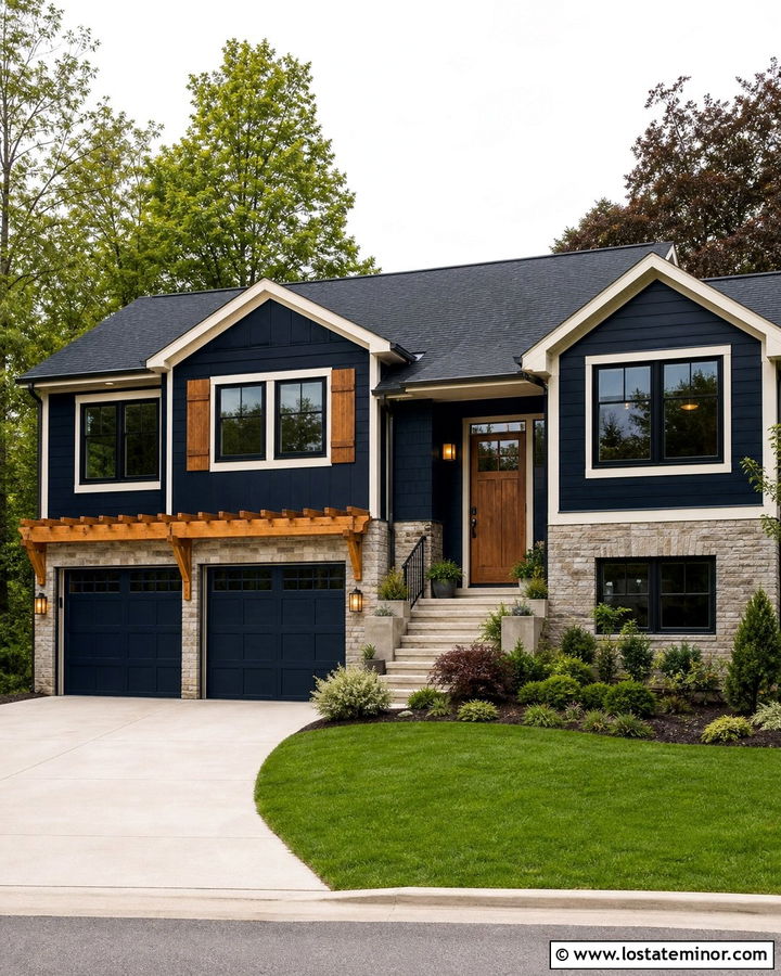 Navy Blue Split Level With Garage Pergola - 30 Navy Blue House Design With Pergola Ideas
